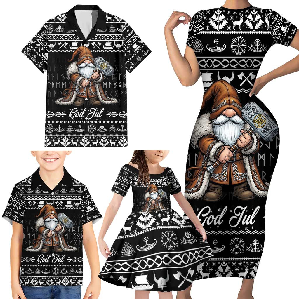 Viking Gnome Christmas Family Matching Short Sleeve Bodycon Dress and Hawaiian Shirt Nordic Xmas Spirit Pattern - Wonder Print Shop