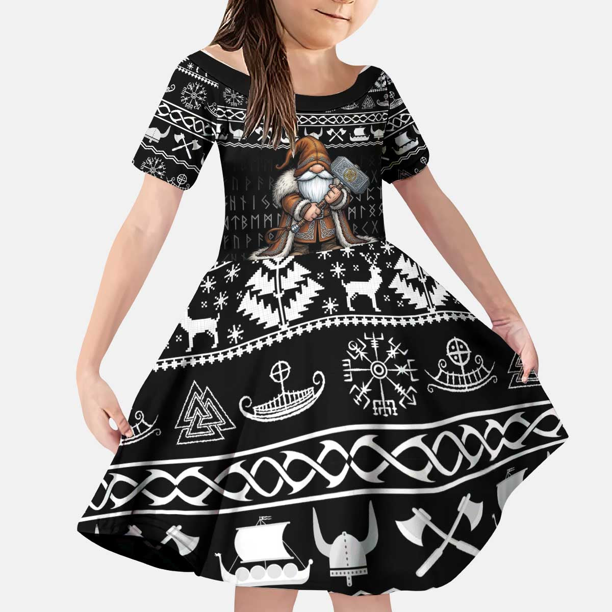 Viking Gnome Christmas Kid Short Sleeve Dress Nordic Xmas Spirit Pattern - Wonder Print Shop