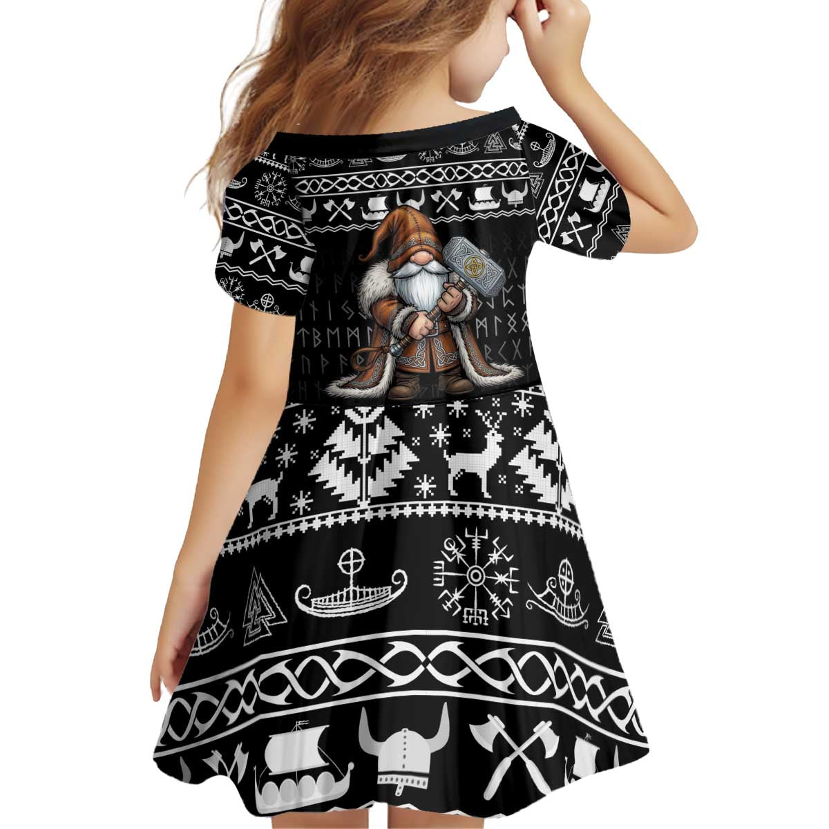 Viking Gnome Christmas Kid Short Sleeve Dress Nordic Xmas Spirit Pattern - Wonder Print Shop