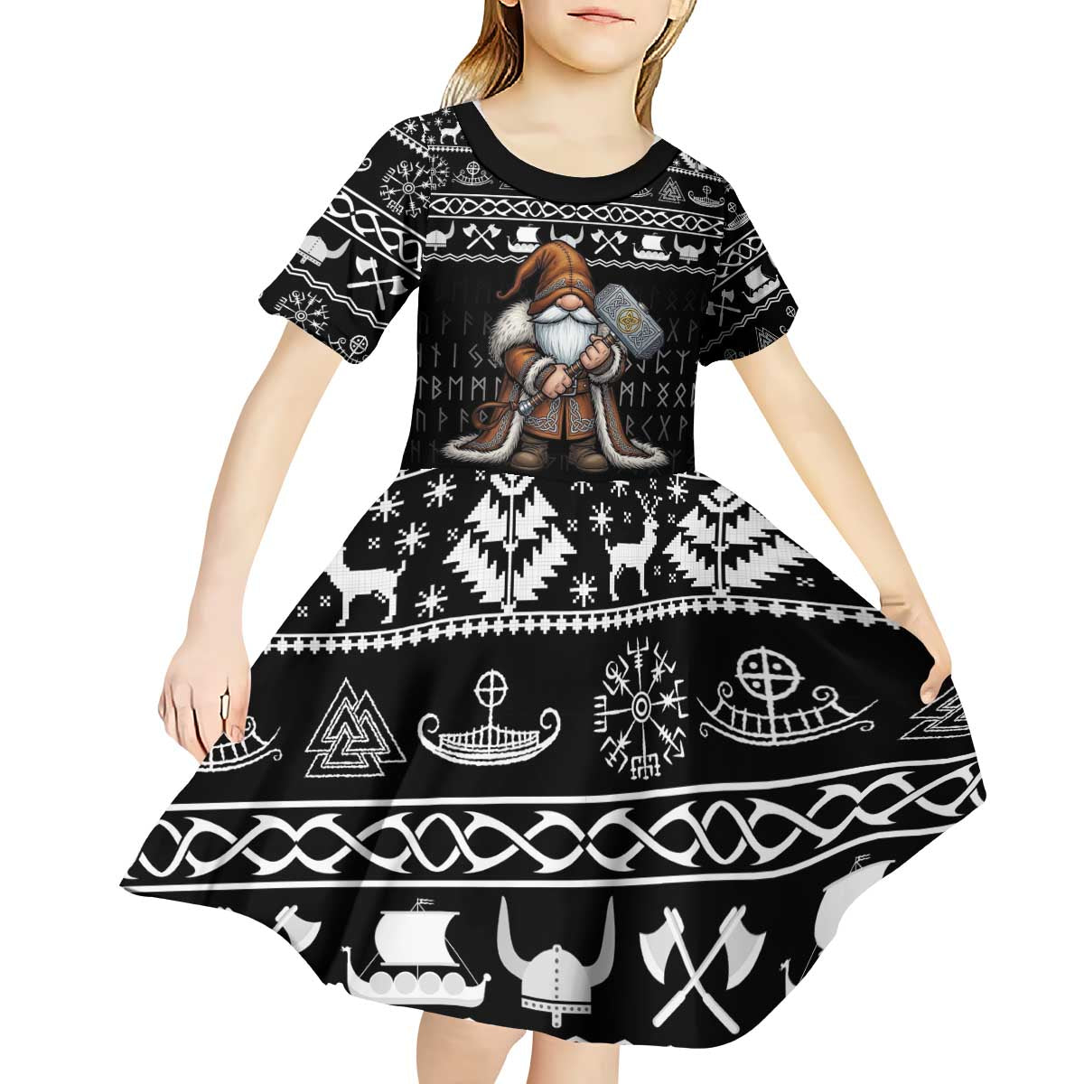 Viking Gnome Christmas Kid Short Sleeve Dress Nordic Xmas Spirit Pattern - Wonder Print Shop