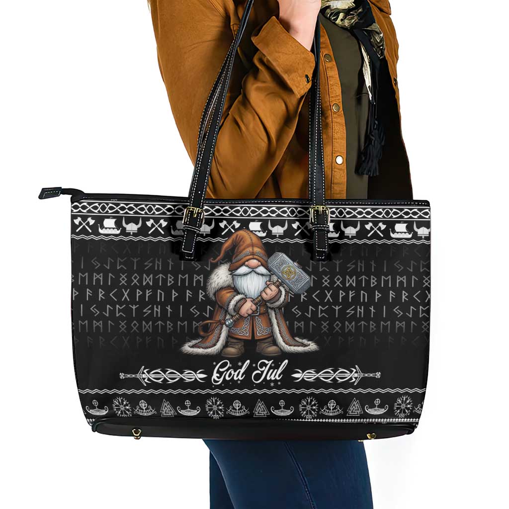 Viking Gnome Christmas Leather Tote Bag Nordic Xmas Spirit Pattern - Wonder Print Shop