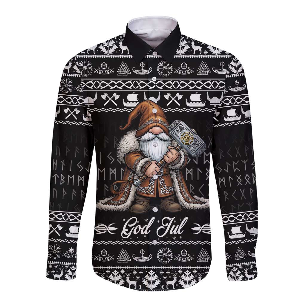 Viking Gnome Christmas Long Sleeve Button Shirt Nordic Xmas Spirit Pattern - Wonder Print Shop