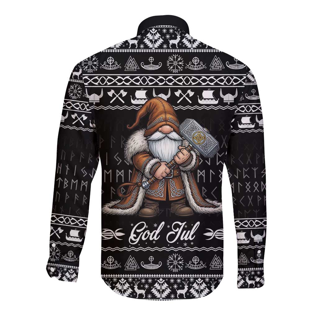 Viking Gnome Christmas Long Sleeve Button Shirt Nordic Xmas Spirit Pattern - Wonder Print Shop