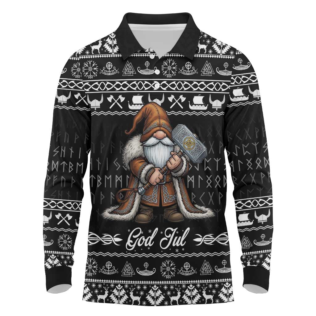 Viking Gnome Christmas Long Sleeve Polo Shirt Nordic Xmas Spirit Pattern - Wonder Print Shop