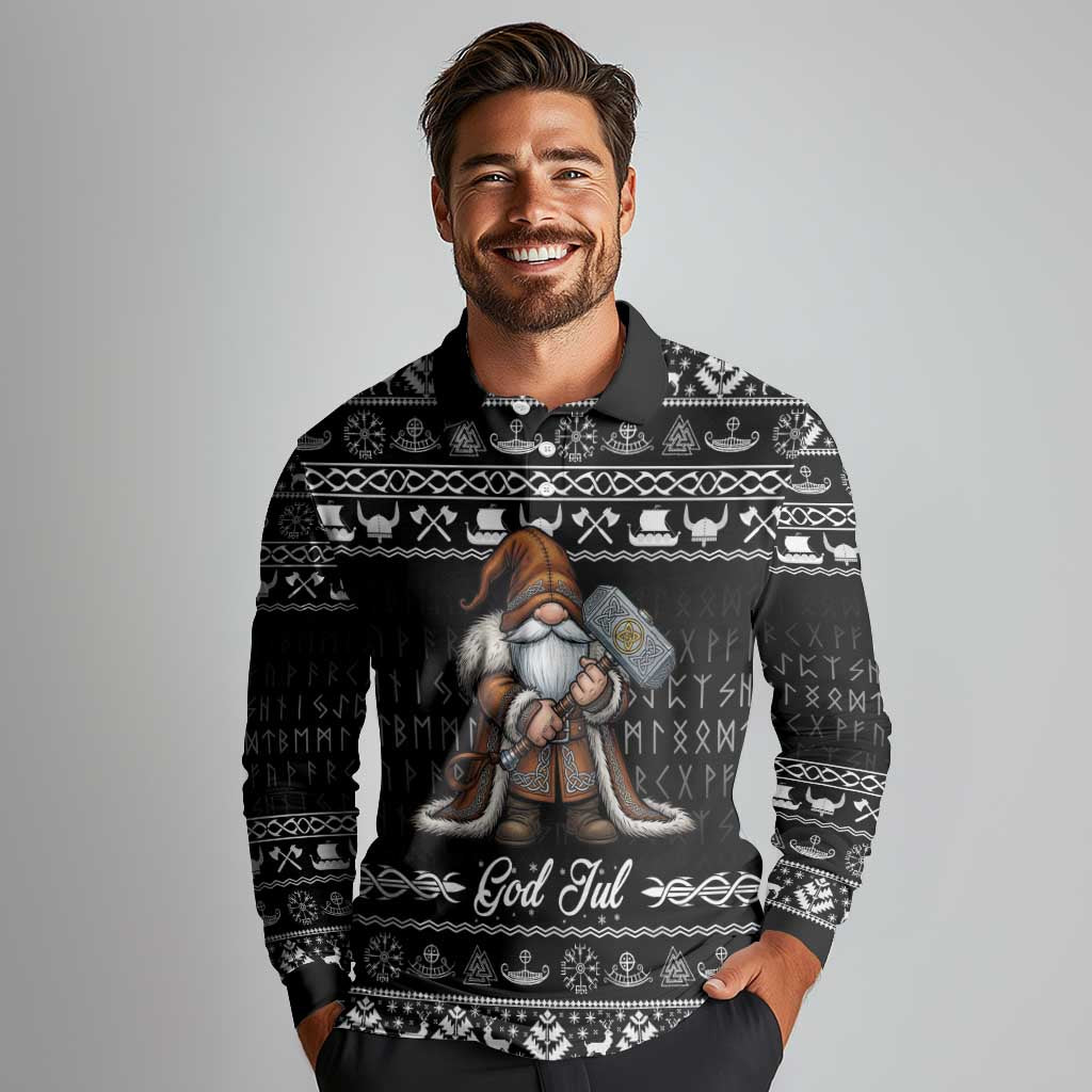 Viking Gnome Christmas Long Sleeve Polo Shirt Nordic Xmas Spirit Pattern - Wonder Print Shop