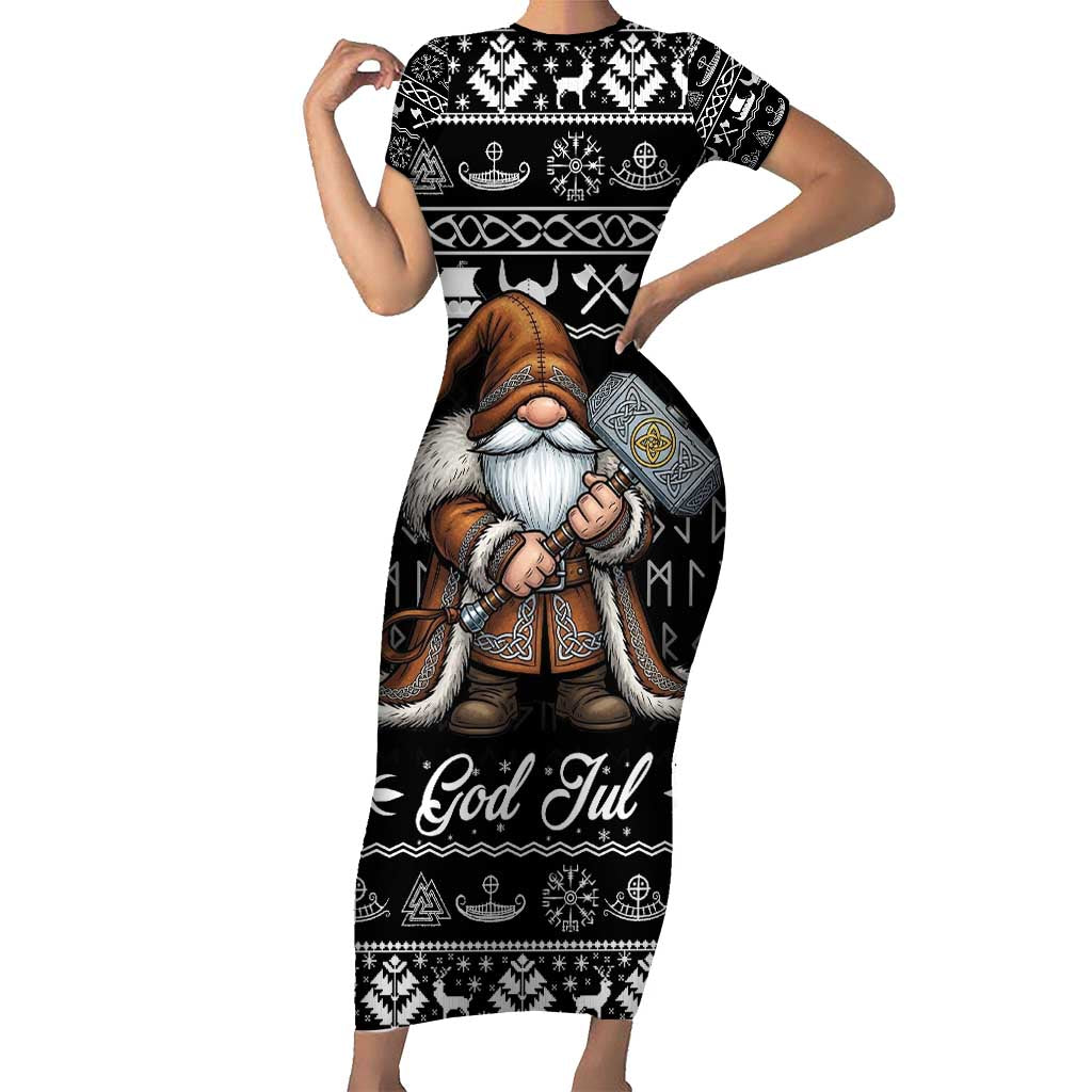 Viking Gnome Christmas Short Sleeve Bodycon Dress Nordic Xmas Spirit Pattern - Wonder Print Shop