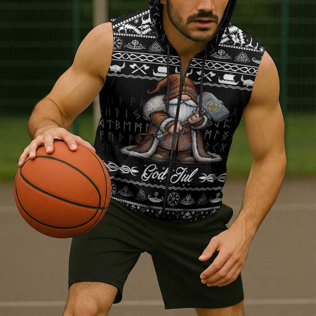 Viking Gnome Christmas Sleeveless Zip Hoodie Nordic Xmas Spirit Pattern - Wonder Print Shop