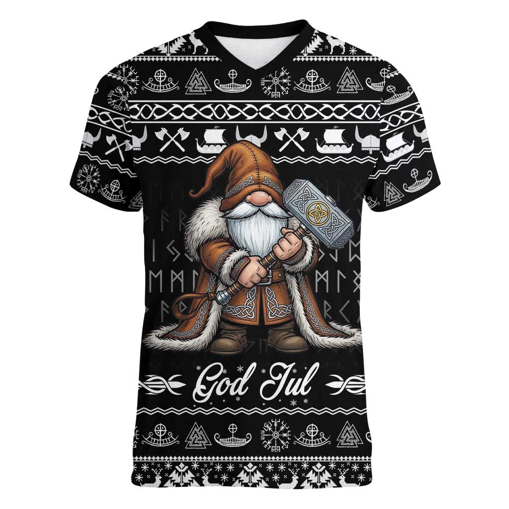 Viking Gnome Christmas Women V-Neck T-Shirt Nordic Xmas Spirit Pattern - Wonder Print Shop
