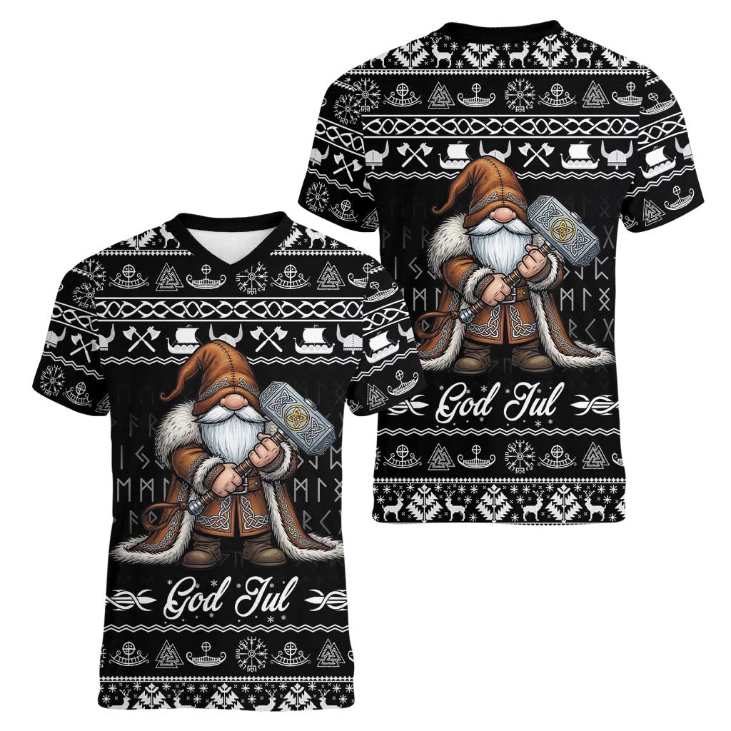 Viking Gnome Christmas Women V-Neck T-Shirt Nordic Xmas Spirit Pattern - Wonder Print Shop