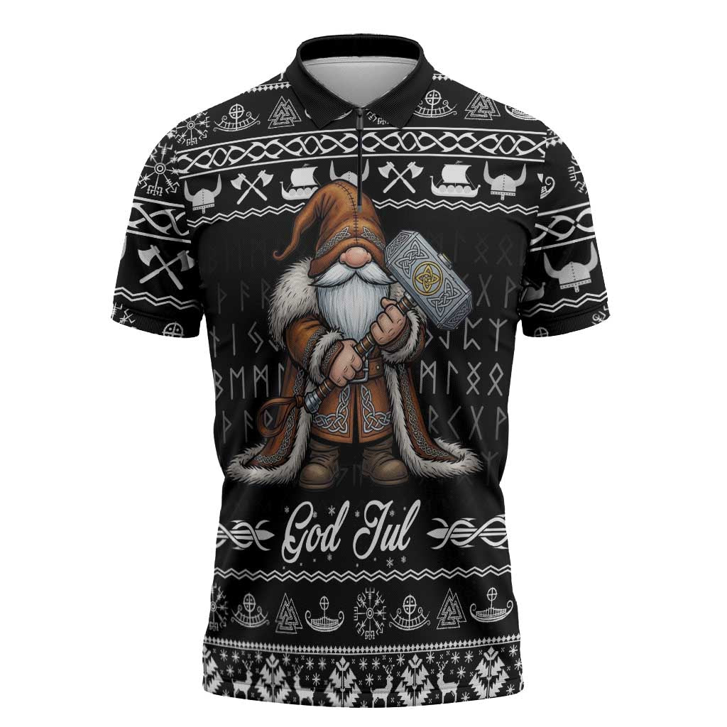 Viking Gnome Christmas Zipper Polo Shirt Nordic Xmas Spirit Pattern - Wonder Print Shop