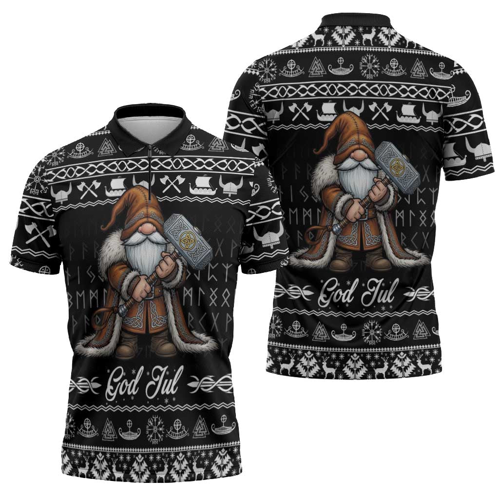 Viking Gnome Christmas Zipper Polo Shirt Nordic Xmas Spirit Pattern - Wonder Print Shop