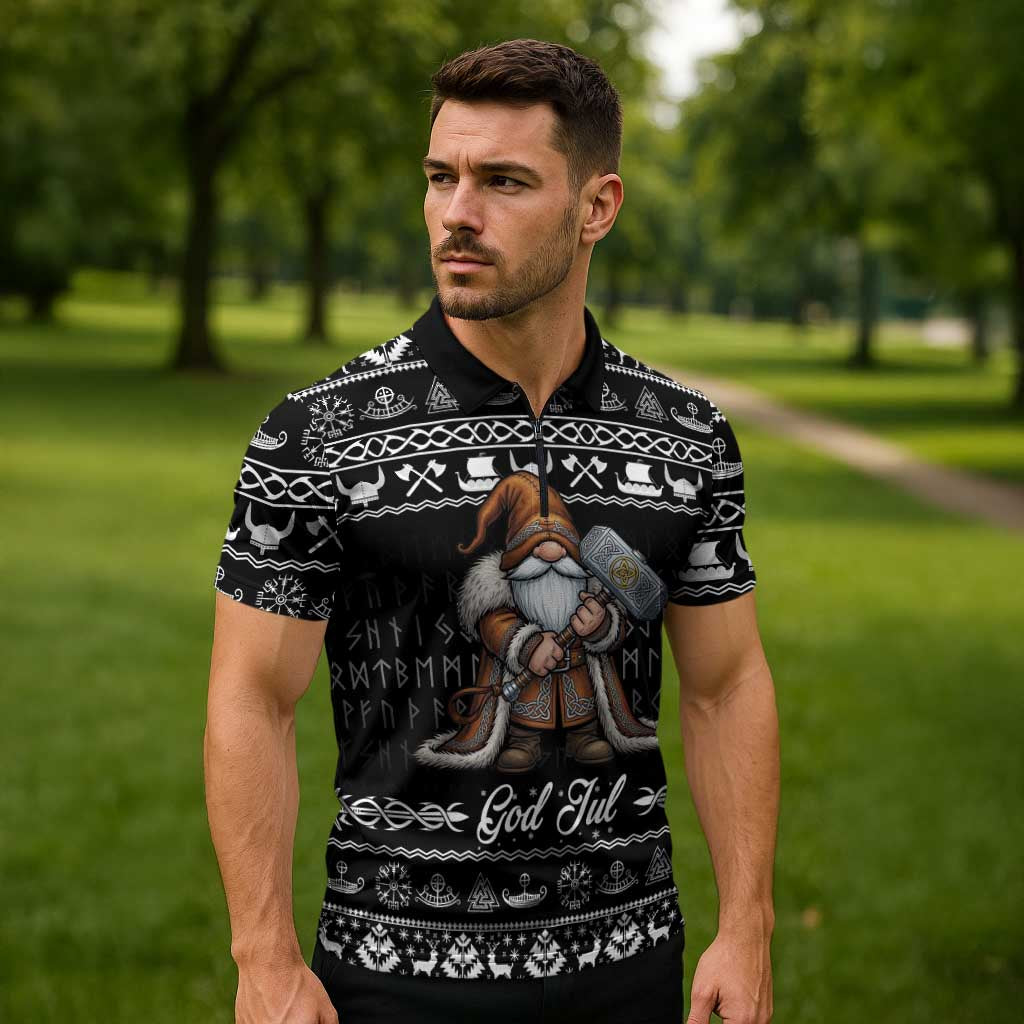 Viking Gnome Christmas Zipper Polo Shirt Nordic Xmas Spirit Pattern - Wonder Print Shop