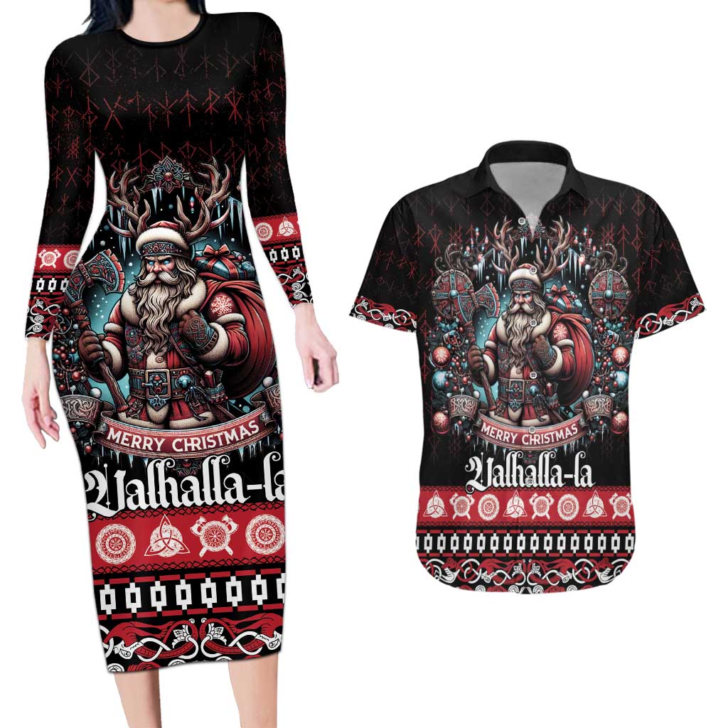 Viking Santa Christmas Couples Matching Long Sleeve Bodycon Dress and Hawaiian Shirt Valhalla-la Nordic Xmas Spirit - Wonder Print Shop