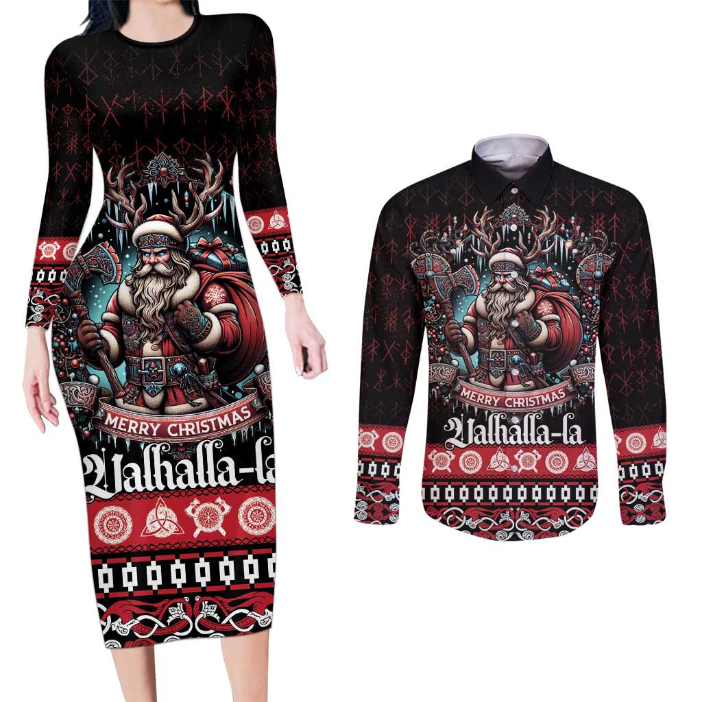 Viking Santa Christmas Couples Matching Long Sleeve Bodycon Dress and Long Sleeve Button Shirt Valhalla-la Nordic Xmas Spirit - Wonder Print Shop