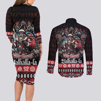 Viking Santa Christmas Couples Matching Long Sleeve Bodycon Dress and Long Sleeve Button Shirt Valhalla-la Nordic Xmas Spirit - Wonder Print Shop