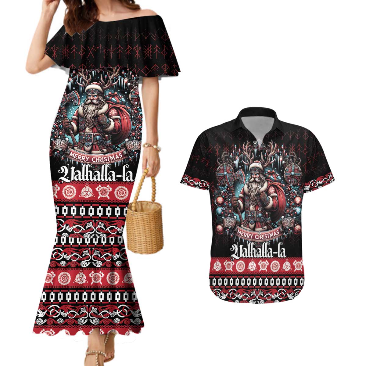 Viking Santa Christmas Couples Matching Mermaid Dress and Hawaiian Shirt Valhalla-la Nordic Xmas Spirit - Wonder Print Shop