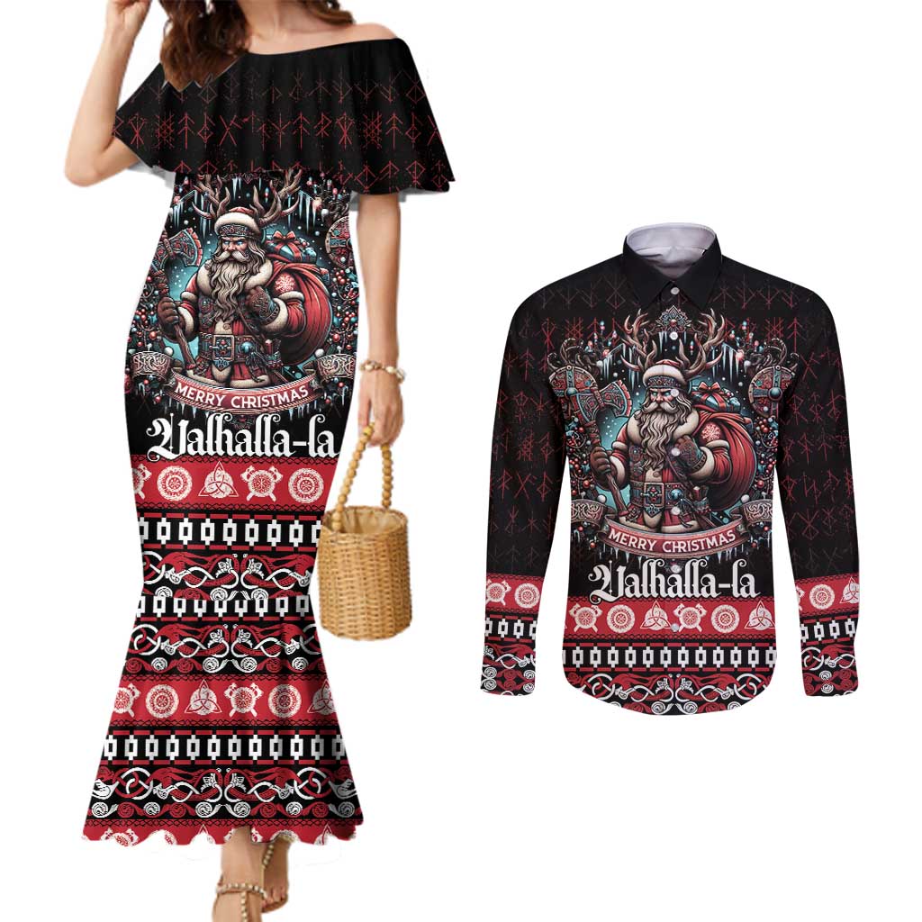 Viking Santa Christmas Couples Matching Mermaid Dress and Long Sleeve Button Shirt Valhalla-la Nordic Xmas Spirit - Wonder Print Shop