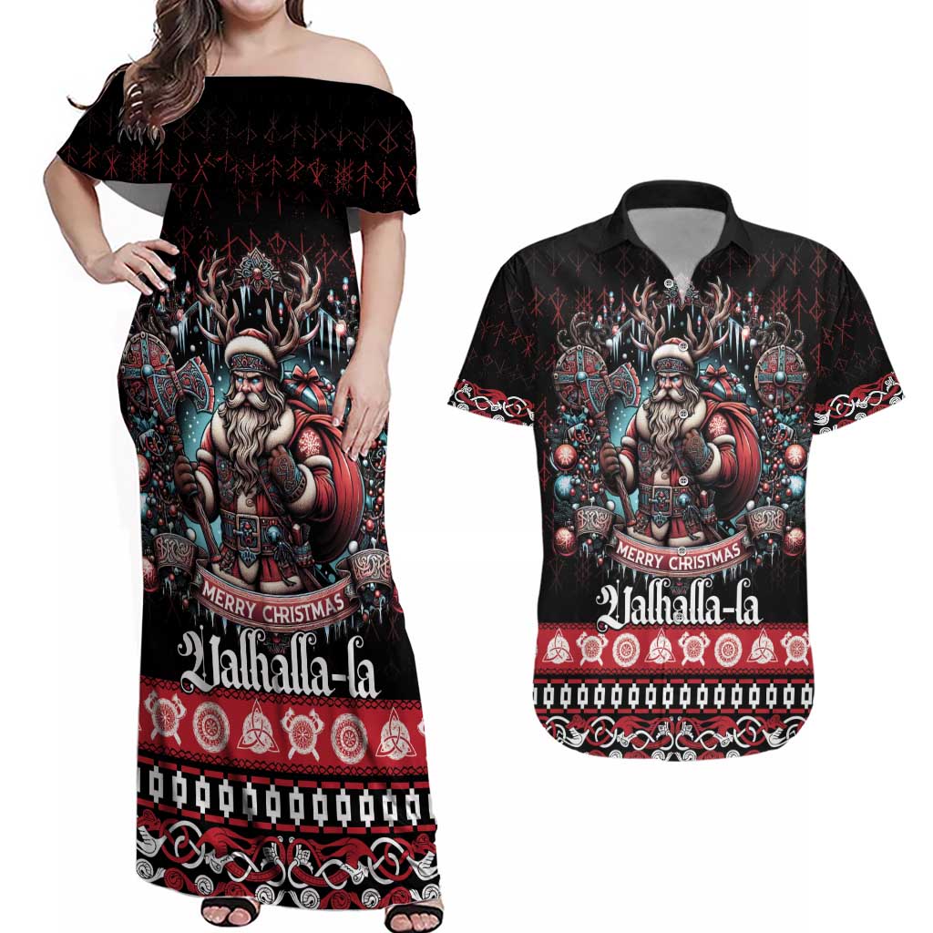 Viking Santa Christmas Couples Matching Off Shoulder Maxi Dress and Hawaiian Shirt Valhalla-la Nordic Xmas Spirit - Wonder Print Shop