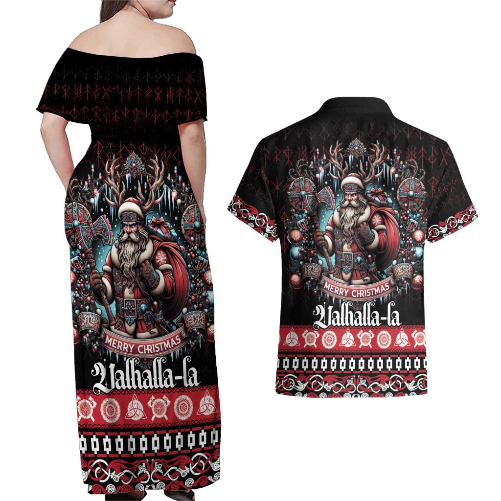 Viking Santa Christmas Couples Matching Off Shoulder Maxi Dress and Hawaiian Shirt Valhalla-la Nordic Xmas Spirit - Wonder Print Shop