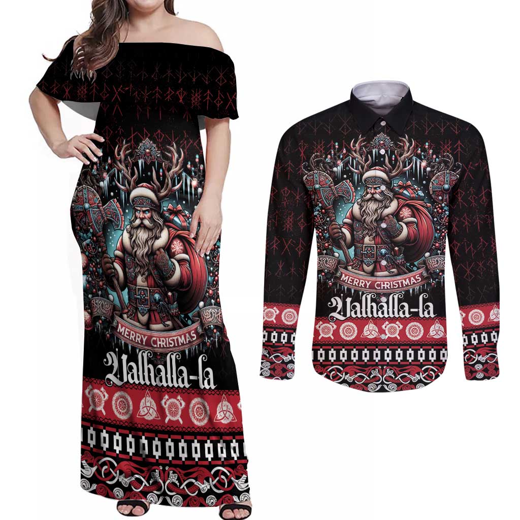 Viking Santa Christmas Couples Matching Off Shoulder Maxi Dress and Long Sleeve Button Shirt Valhalla-la Nordic Xmas Spirit - Wonder Print Shop