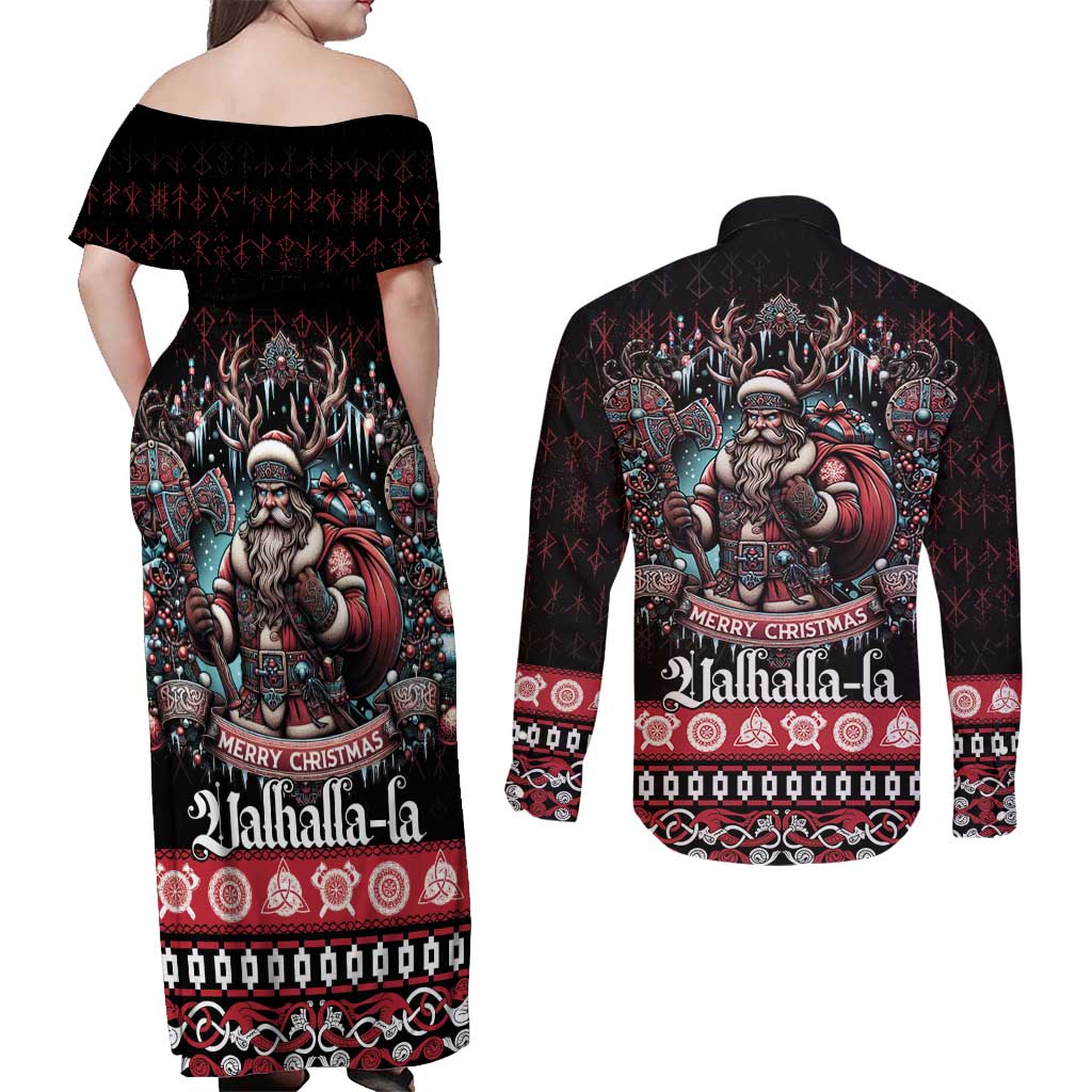 Viking Santa Christmas Couples Matching Off Shoulder Maxi Dress and Long Sleeve Button Shirt Valhalla-la Nordic Xmas Spirit - Wonder Print Shop