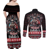 Viking Santa Christmas Couples Matching Off Shoulder Maxi Dress and Long Sleeve Button Shirt Valhalla-la Nordic Xmas Spirit - Wonder Print Shop