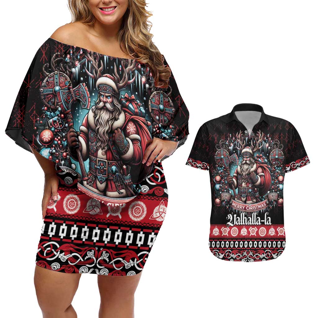 Viking Santa Christmas Couples Matching Off Shoulder Short Dress and Hawaiian Shirt Valhalla-la Nordic Xmas Spirit - Wonder Print Shop