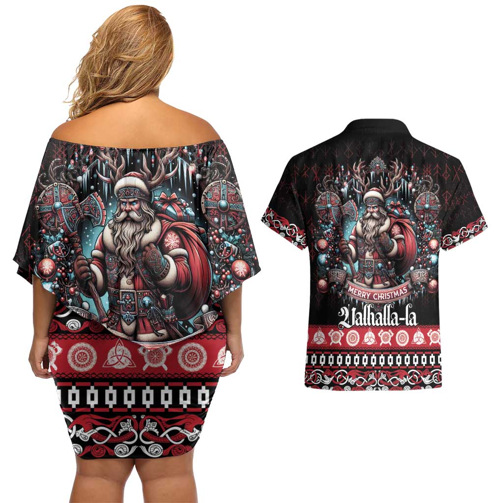 Viking Santa Christmas Couples Matching Off Shoulder Short Dress and Hawaiian Shirt Valhalla-la Nordic Xmas Spirit - Wonder Print Shop