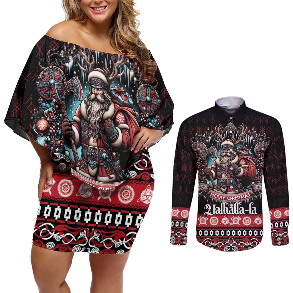 Viking Santa Christmas Couples Matching Off Shoulder Short Dress and Long Sleeve Button Shirt Valhalla-la Nordic Xmas Spirit - Wonder Print Shop