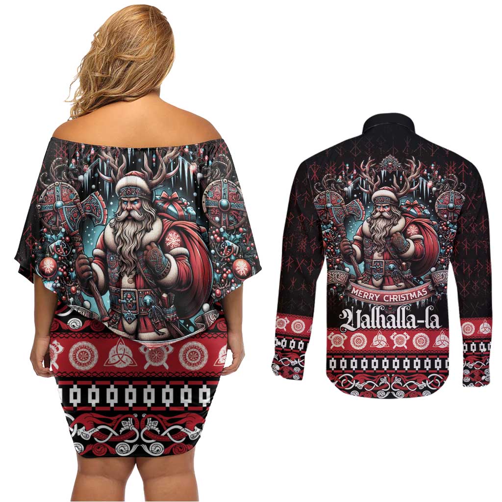 Viking Santa Christmas Couples Matching Off Shoulder Short Dress and Long Sleeve Button Shirt Valhalla-la Nordic Xmas Spirit - Wonder Print Shop