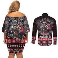 Viking Santa Christmas Couples Matching Off Shoulder Short Dress and Long Sleeve Button Shirt Valhalla-la Nordic Xmas Spirit - Wonder Print Shop