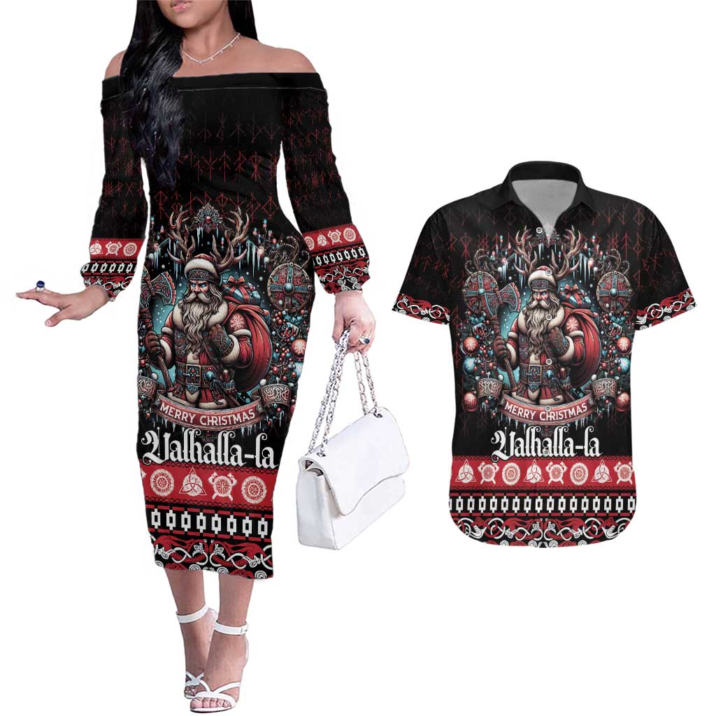 Viking Santa Christmas Couples Matching Off The Shoulder Long Sleeve Dress and Hawaiian Shirt Valhalla-la Nordic Xmas Spirit - Wonder Print Shop