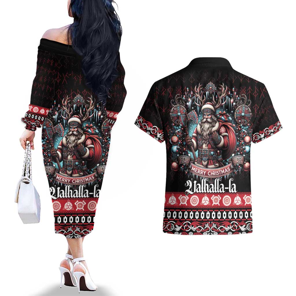 Viking Santa Christmas Couples Matching Off The Shoulder Long Sleeve Dress and Hawaiian Shirt Valhalla-la Nordic Xmas Spirit - Wonder Print Shop