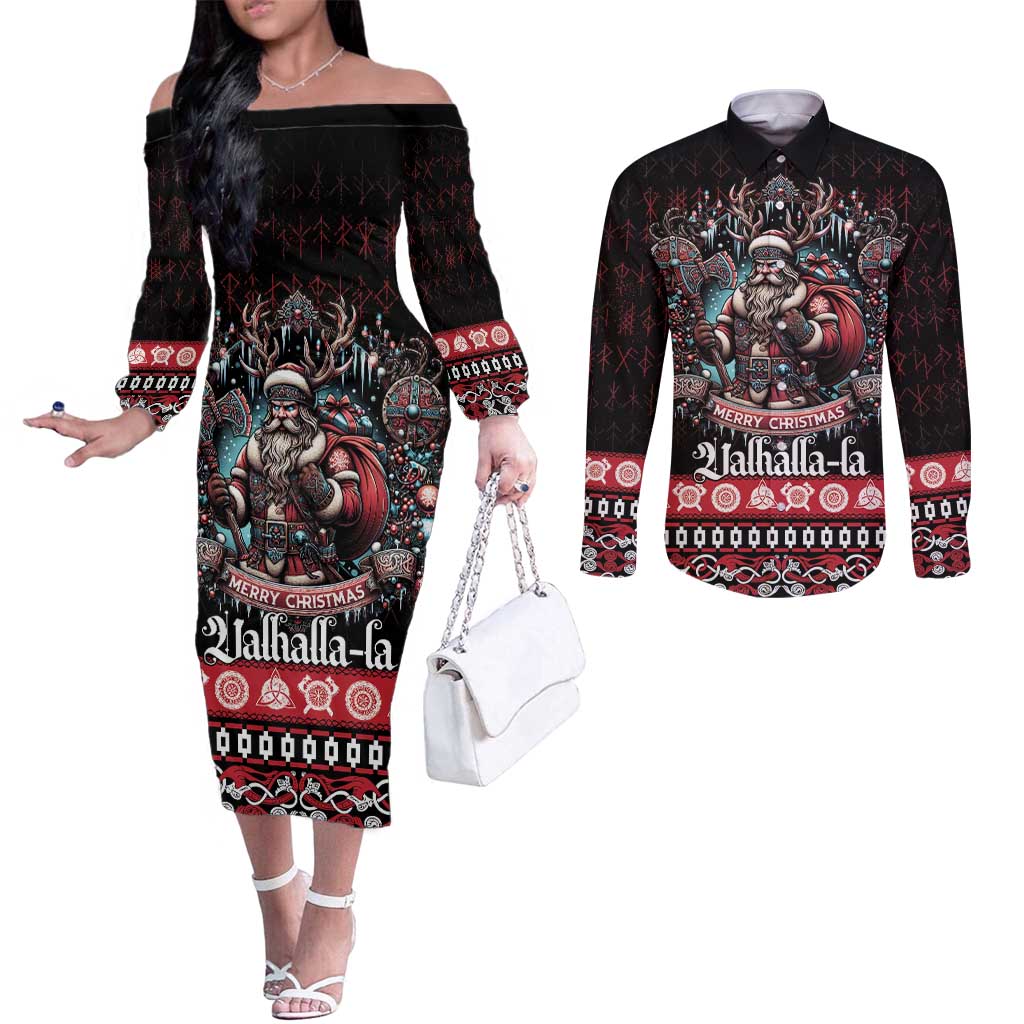 Viking Santa Christmas Couples Matching Off The Shoulder Long Sleeve Dress and Long Sleeve Button Shirt Valhalla-la Nordic Xmas Spirit - Wonder Print Shop