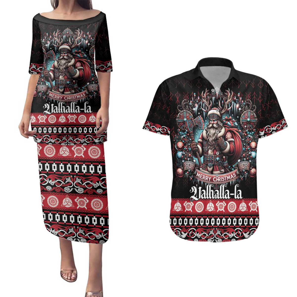 Viking Santa Christmas Couples Matching Puletasi and Hawaiian Shirt Valhalla-la Nordic Xmas Spirit - Wonder Print Shop