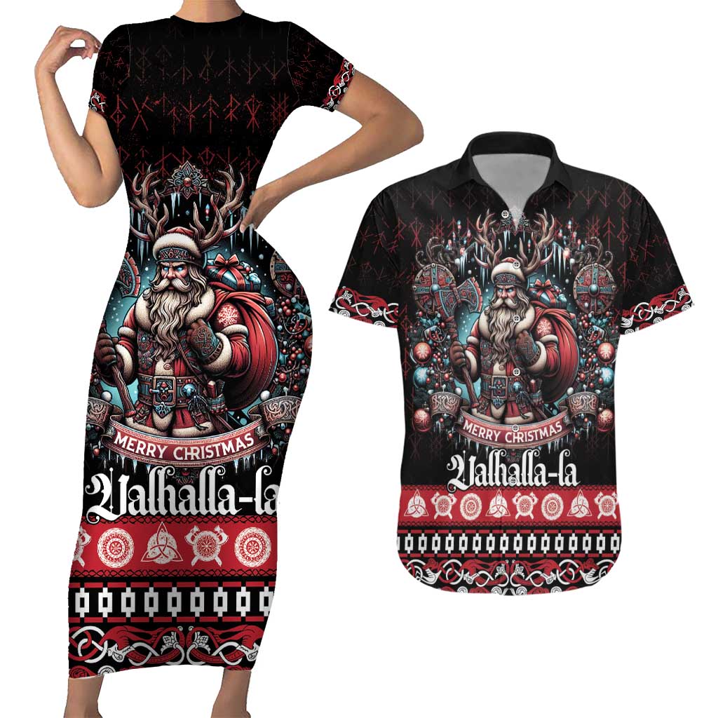 Viking Santa Christmas Couples Matching Short Sleeve Bodycon Dress and Hawaiian Shirt Valhalla-la Nordic Xmas Spirit - Wonder Print Shop