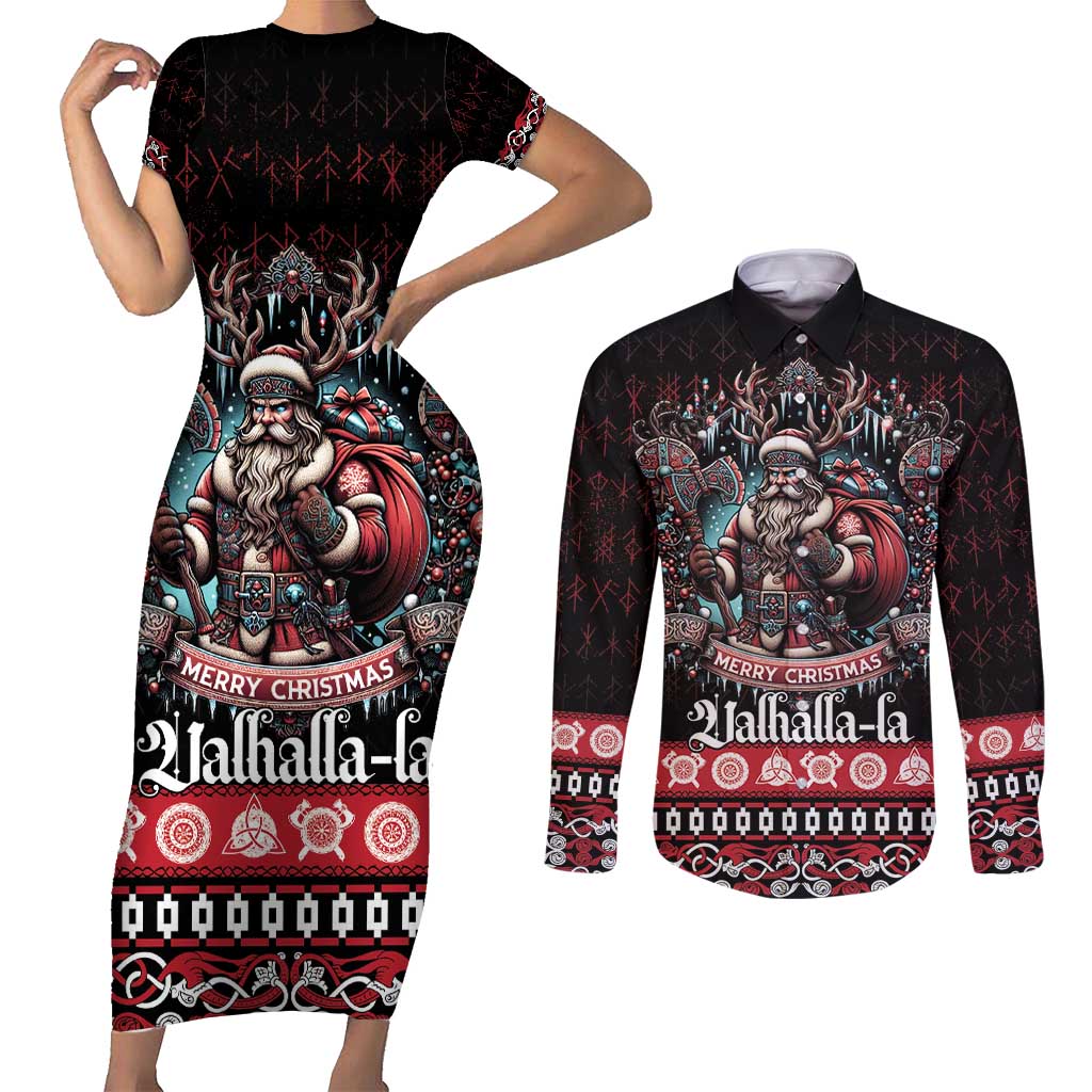 Viking Santa Christmas Couples Matching Short Sleeve Bodycon Dress and Long Sleeve Button Shirt Valhalla-la Nordic Xmas Spirit - Wonder Print Shop