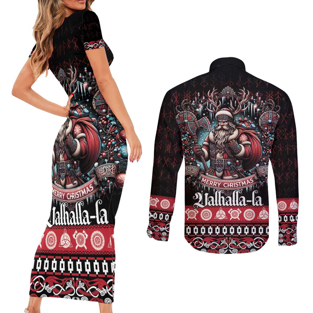 Viking Santa Christmas Couples Matching Short Sleeve Bodycon Dress and Long Sleeve Button Shirt Valhalla-la Nordic Xmas Spirit - Wonder Print Shop