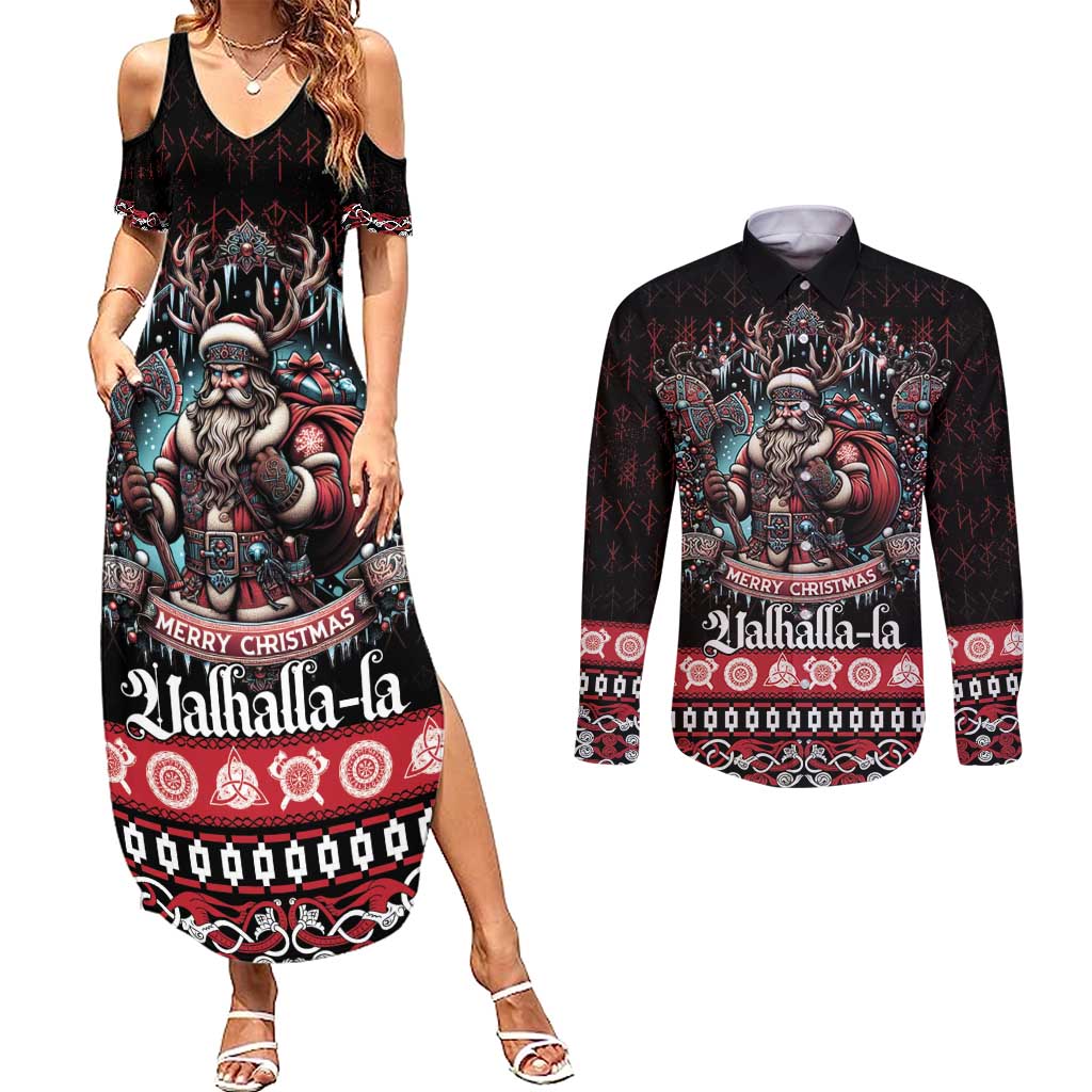 Viking Santa Christmas Couples Matching Summer Maxi Dress and Long Sleeve Button Shirt Valhalla-la Nordic Xmas Spirit - Wonder Print Shop