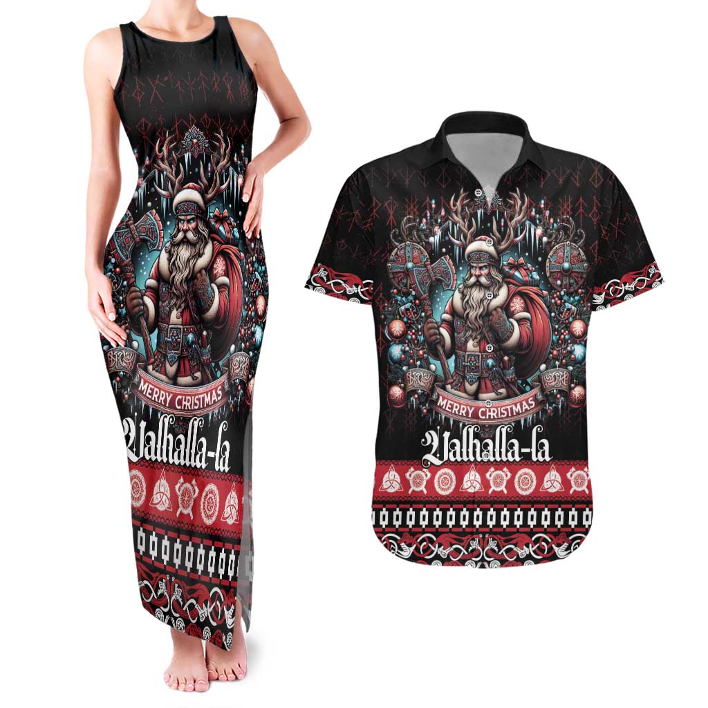 Viking Santa Christmas Couples Matching Tank Maxi Dress and Hawaiian Shirt Valhalla-la Nordic Xmas Spirit - Wonder Print Shop