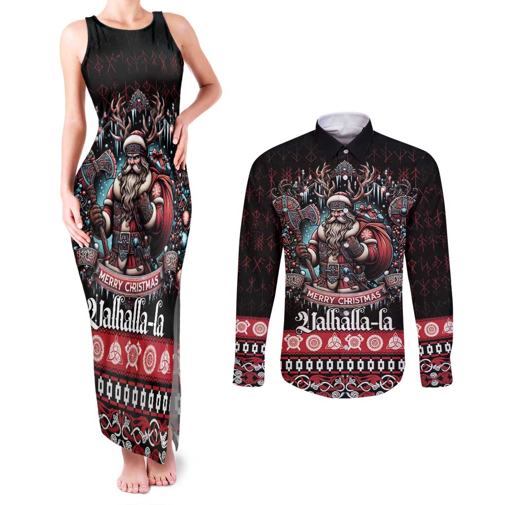 Viking Santa Christmas Couples Matching Tank Maxi Dress and Long Sleeve Button Shirt Valhalla-la Nordic Xmas Spirit - Wonder Print Shop