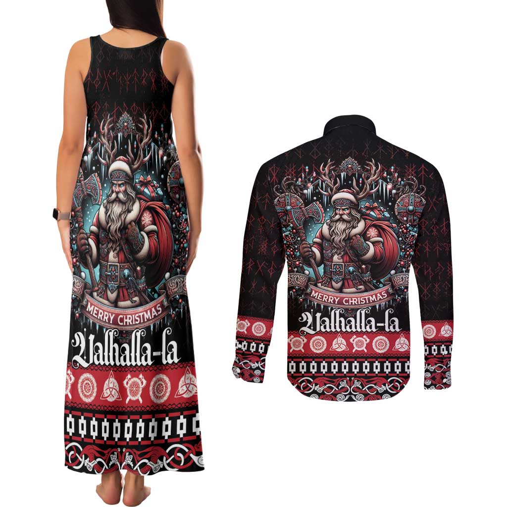 Viking Santa Christmas Couples Matching Tank Maxi Dress and Long Sleeve Button Shirt Valhalla-la Nordic Xmas Spirit - Wonder Print Shop