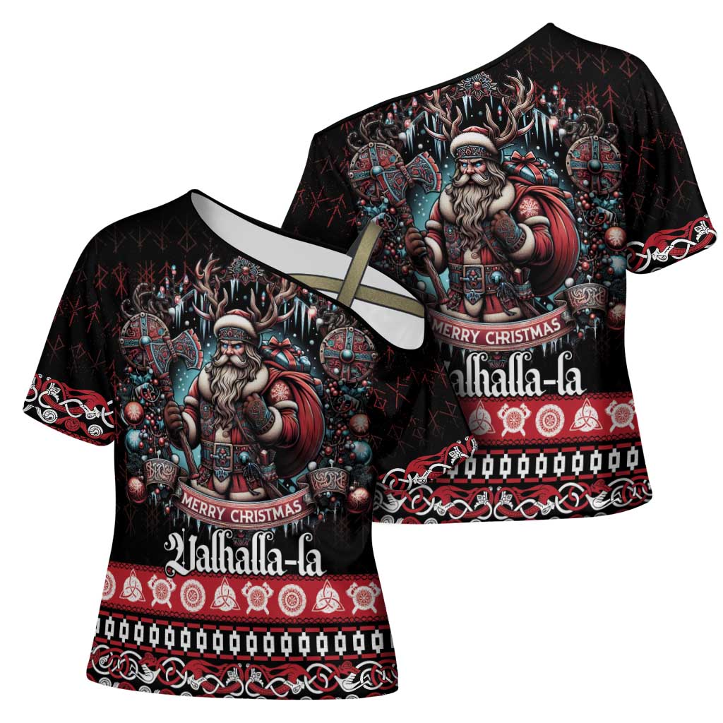 Viking Santa Christmas Cross Shoulder Shirt Valhalla-la Nordic Xmas Spirit - Wonder Print Shop