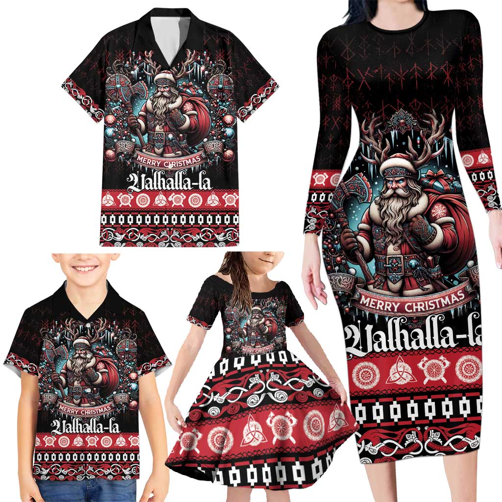 Viking Santa Christmas Family Matching Long Sleeve Bodycon Dress and Hawaiian Shirt Valhalla-la Nordic Xmas Spirit - Wonder Print Shop