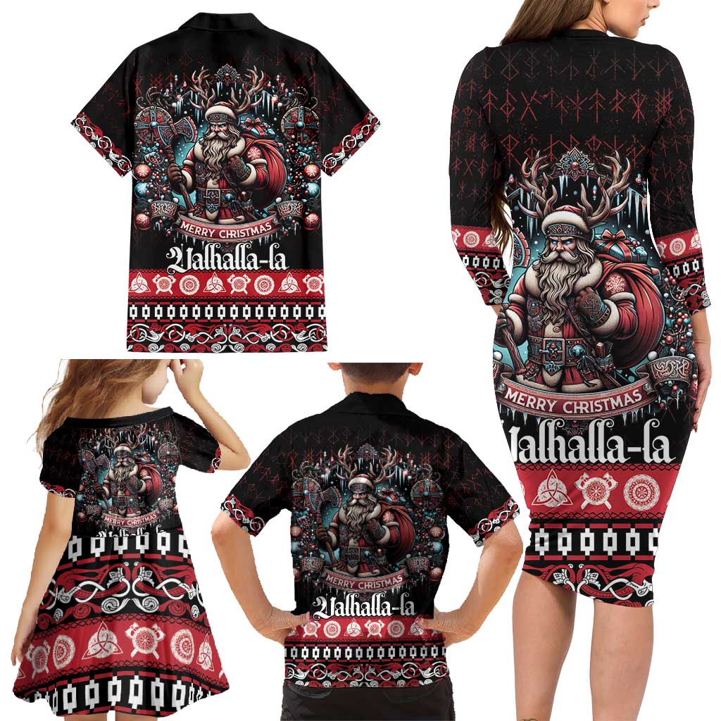 Viking Santa Christmas Family Matching Long Sleeve Bodycon Dress and Hawaiian Shirt Valhalla-la Nordic Xmas Spirit - Wonder Print Shop