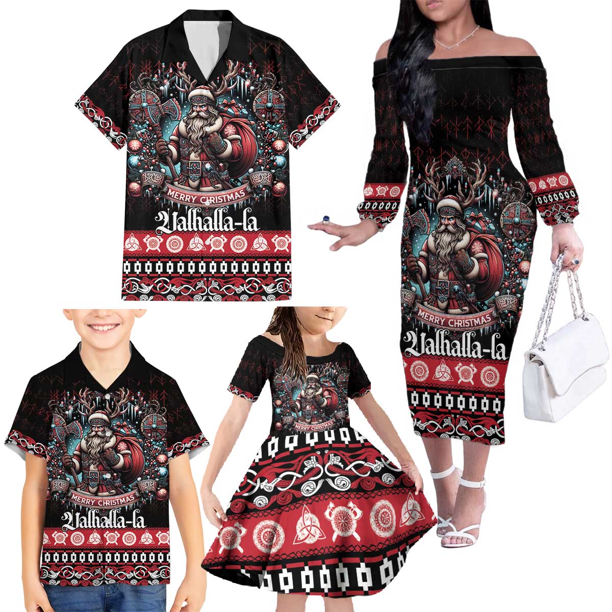 Viking Santa Christmas Family Matching Off The Shoulder Long Sleeve Dress and Hawaiian Shirt Valhalla-la Nordic Xmas Spirit - Wonder Print Shop
