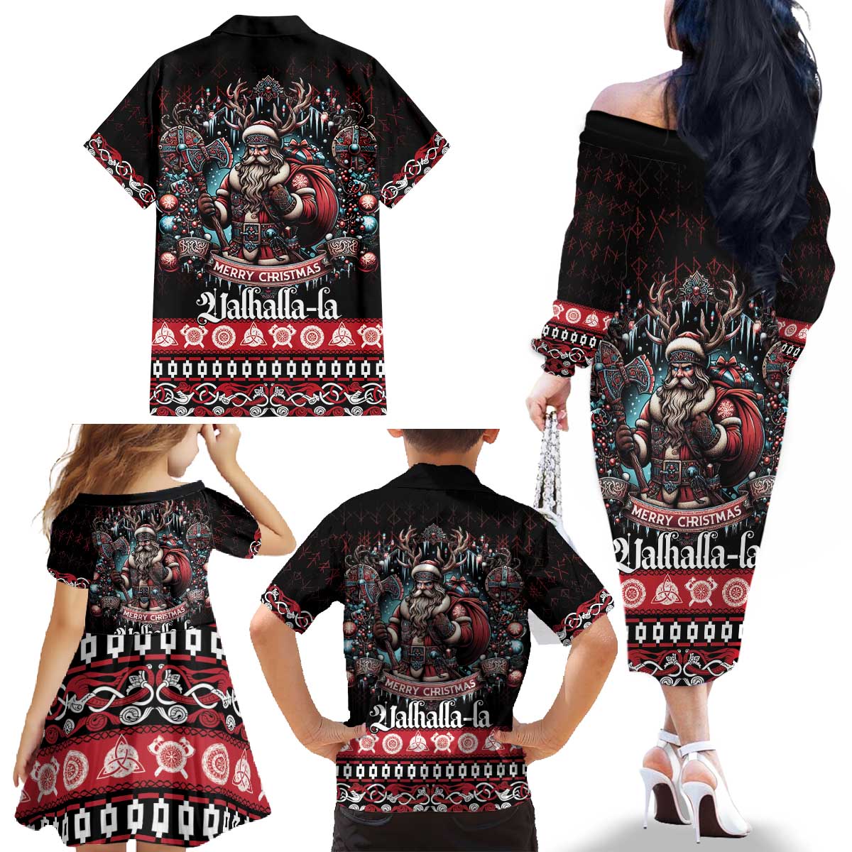 Viking Santa Christmas Family Matching Off The Shoulder Long Sleeve Dress and Hawaiian Shirt Valhalla-la Nordic Xmas Spirit - Wonder Print Shop