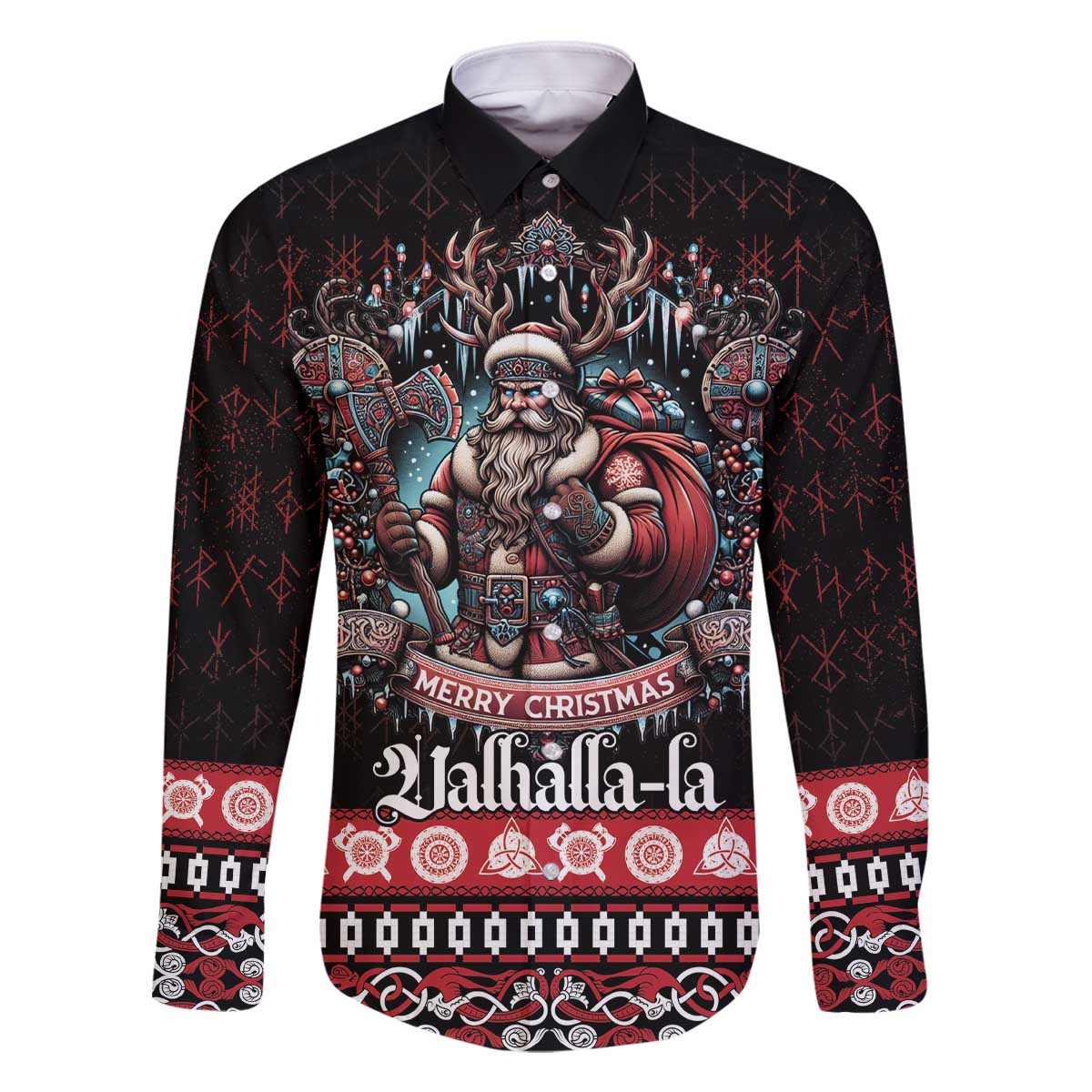 Viking Santa Christmas Family Matching Off The Shoulder Long Sleeve Dress and Hawaiian Shirt Valhalla-la Nordic Xmas Spirit - Wonder Print Shop