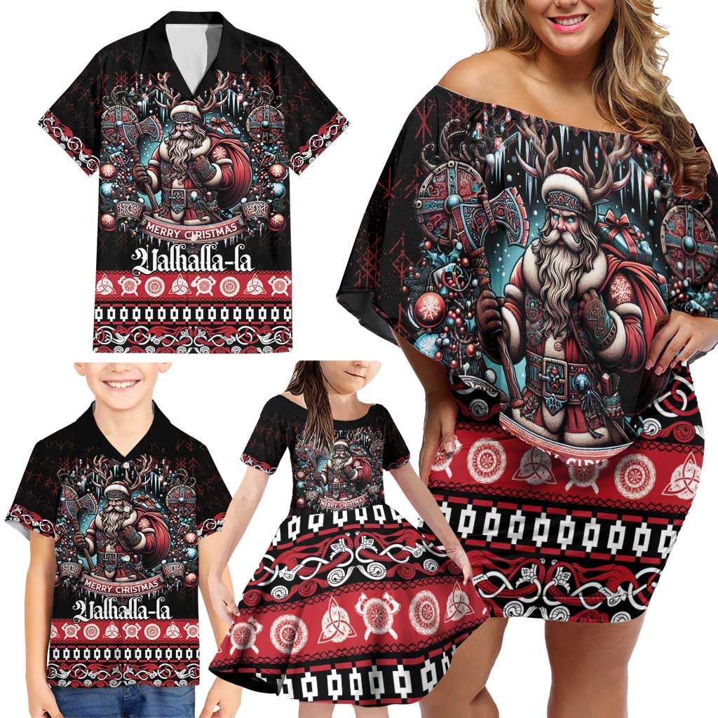 Viking Santa Christmas Family Matching Off Shoulder Short Dress and Hawaiian Shirt Valhalla-la Nordic Xmas Spirit - Wonder Print Shop