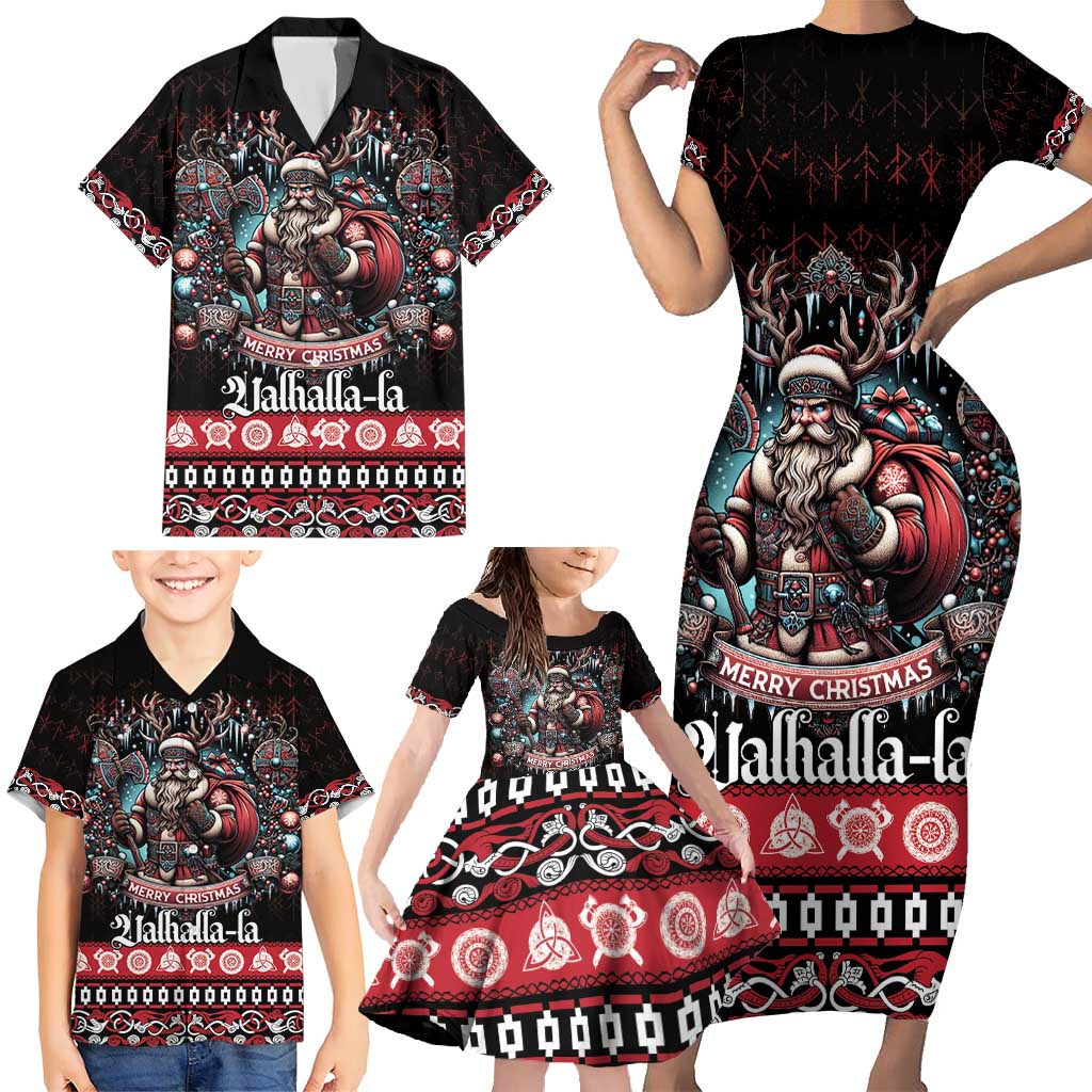 Viking Santa Christmas Family Matching Short Sleeve Bodycon Dress and Hawaiian Shirt Valhalla-la Nordic Xmas Spirit - Wonder Print Shop